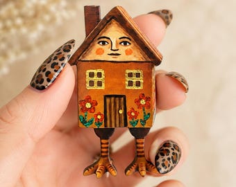 Relocating - Walking House Brooch, Whimsical Cottage Pin, Folk Art Jacket Accessory
