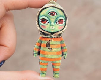 Alien Baby Brooch, Three Eyed Creature Pin, Weird Space Jacket Accessory