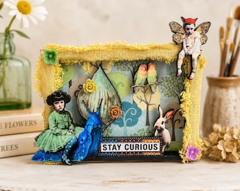 Stay Curious Mixed Media Shadow Box Art, Whimsical Handmade Shelf Decor