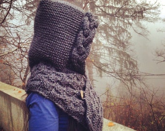 Hooded cowl - knitting pattern, grey hoodie, neck warmer, Instant download