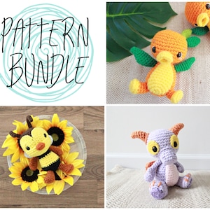 May include: A crochet pattern bundle featuring three amigurumi crochet toy patterns: a bee, a dragon, and a bird. The bee is yellow and black with brown legs and is sitting on a sunflower. The dragon is purple with orange horns and yellow eyes. The bird is yellow and orange with green leaves and is sitting on a green leaf. The text "PATTERN BUNDLE" is written in black on a blue and white background.