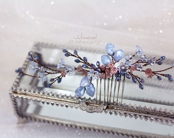 Braut Haarkamm in blau mit Perlen und Blüten | Hochzeit Haarschmuck in blau | bridal blue hair comb | wedding hair jewelry | bride comb