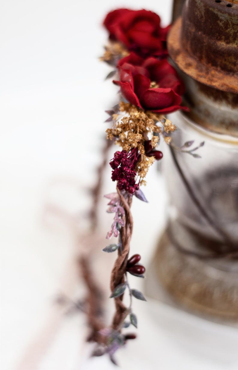 Rustic Hair Accessory with Red Roses – Wedding Flower Crown, Bridal Hairpiece, Red Rose Hair Wreath, Bridal Flower Accessory, Hair Crown image 8
