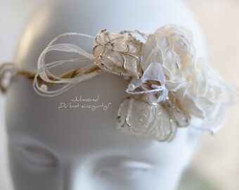 romantic bridal hair jewelry in ivory . wedding hair crown . ivory headpieces . ivory roses flower crown . bridal fairy crown . elf crown