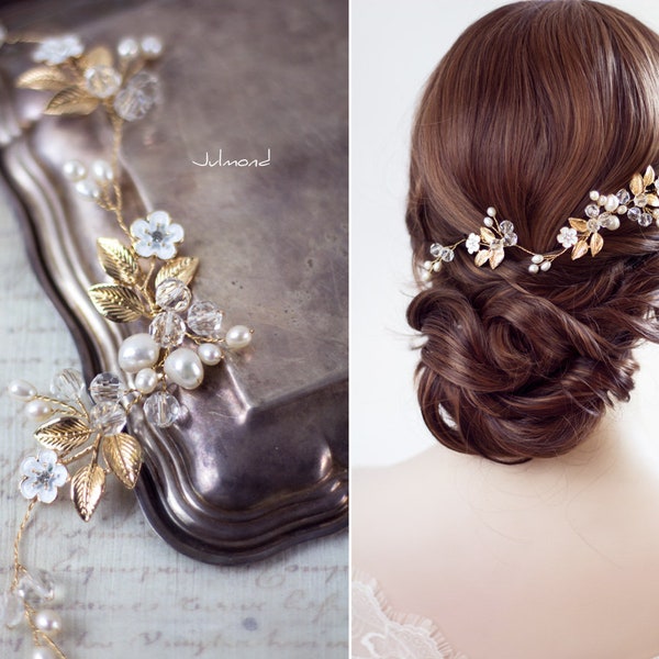 Braut Haarschmuck . bridal hair jewelry gold . tiara pearl wedding . Diadem . Kopfschmuck Boho Braut . gold hair crown . fascinate headpiece