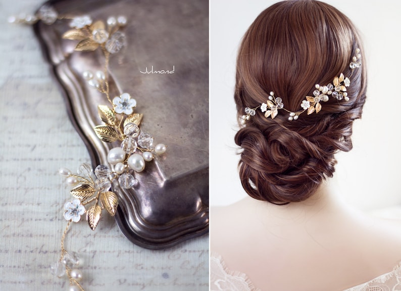 Braut Haarschmuck . bridal hair jewelry gold . tiara pearl wedding . Diadem . Kopfschmuck Boho Braut . gold hair crown . fascinate headpiece zdjęcie 1