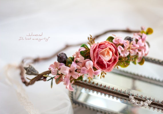 Romantic Flower Crown Pink . Roses Hair Jewelry . Bridal 