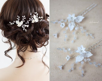 Pin de pelo de novia romántico. Accesorios para el cabello de novia. Pin de pelo de boda blanco. alfiler de pelo de flor . Casco de pelo de cuentas de novia. Adornos para el cabello de la novia