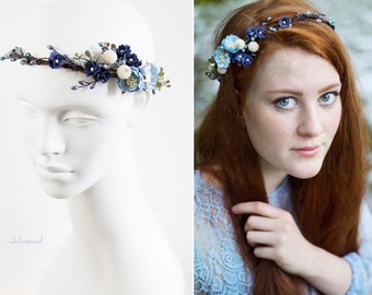 Hair accessories bride blue . Flower wreath hair . Hair wreath blue . Corolla. Elfenkrone Hochzeit . Hair band flowers blue . Bridal jewelry blue