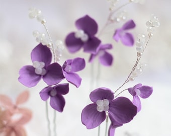Flower Hair Pins, Bridal Hair Piece, Lilac Clay Flowers, Wedding Hair Accessories, Floral Hair Pins