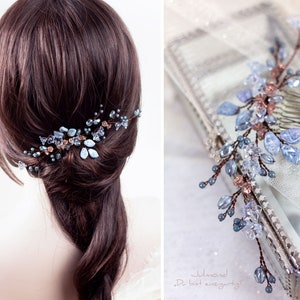 Peigne à cheveux de mariée en bleu avec perles et fleurs Accessoires pour cheveux de mariage en bleu peigne à cheveux bleu nuptial bijoux de cheveux de mariage peigne de mariée image 5