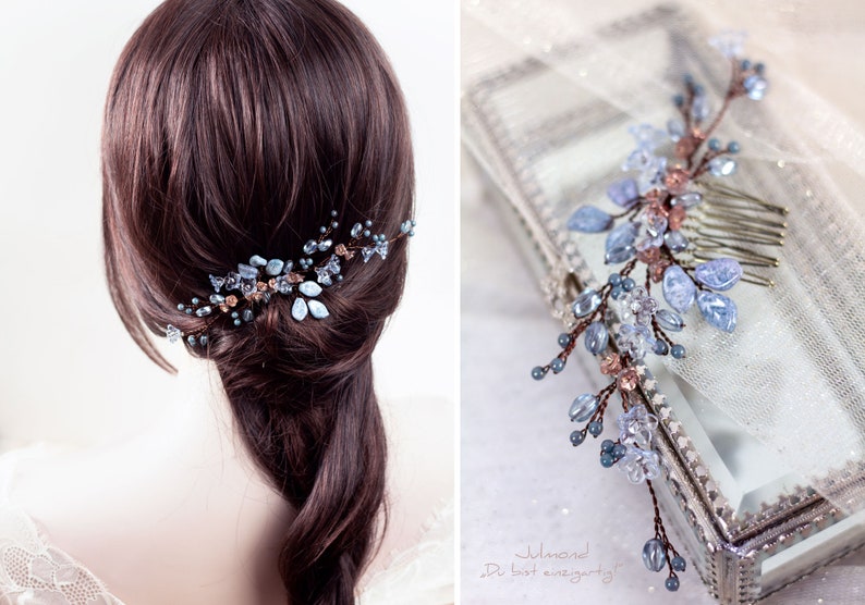 Peigne à cheveux de mariée en bleu avec perles et fleurs Accessoires pour cheveux de mariage en bleu peigne à cheveux bleu nuptial bijoux de cheveux de mariage peigne de mariée image 5