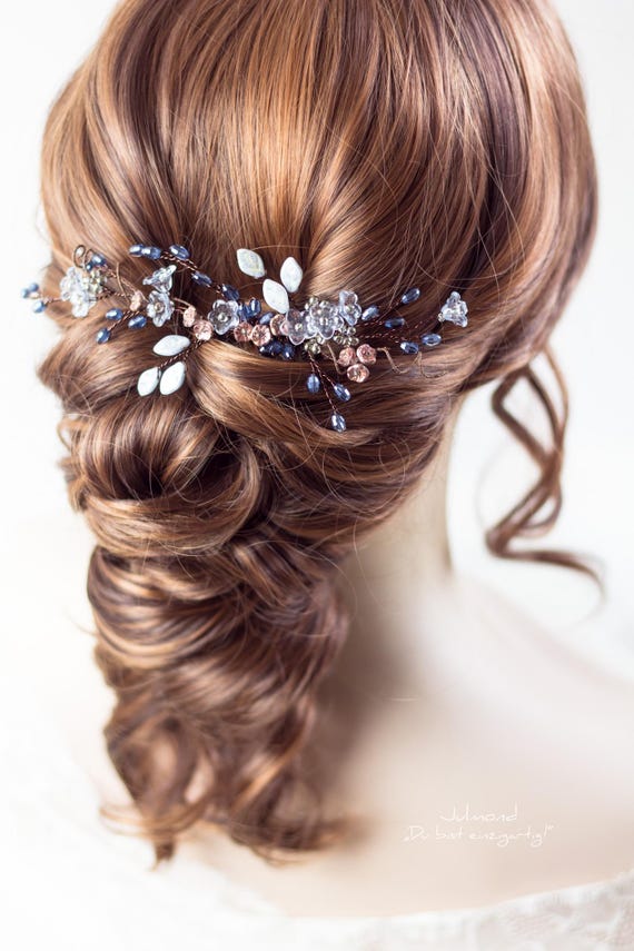 Blue Bridal Hair Comb With Pearls & Flowers, Something Blue  display picture 1