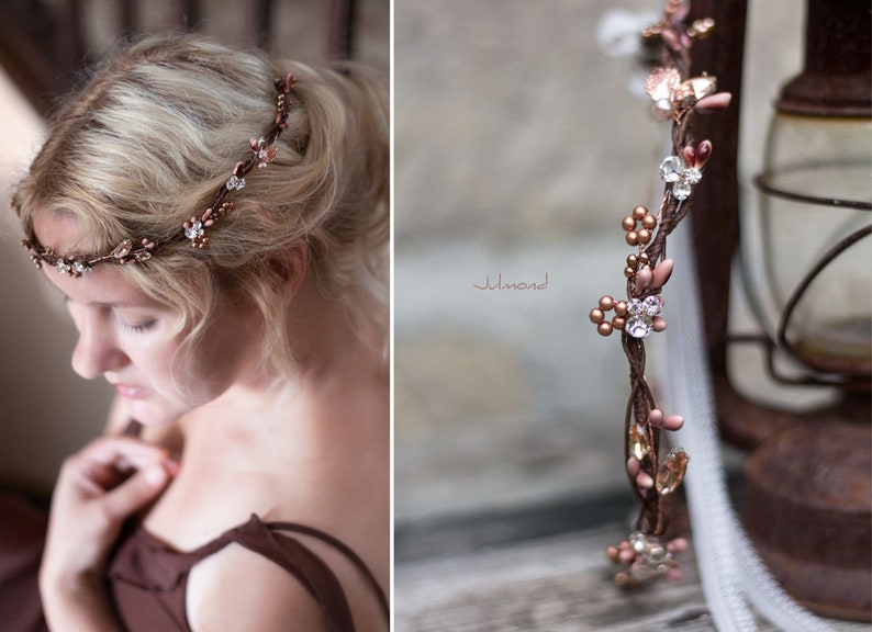 rustic fairy crown in rose gold Haarschmuck Braut Hochzeit Boho Haarschmuck Diadem bridal elfen hair crown wedding pearl headpieces Bild 6