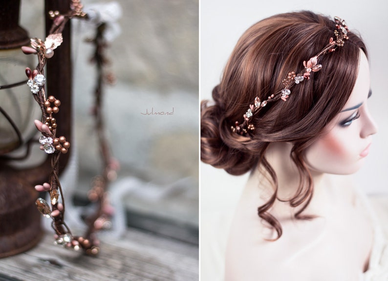 rustic fairy crown in rose gold Haarschmuck Braut Hochzeit Boho Haarschmuck Diadem bridal elfen hair crown wedding pearl headpieces Bild 5