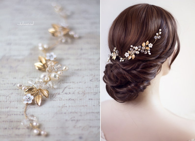 Braut Haarschmuck . bridal hair jewelry gold . tiara pearl wedding . Diadem . Kopfschmuck Boho Braut . gold hair crown . fascinate headpiece zdjęcie 5