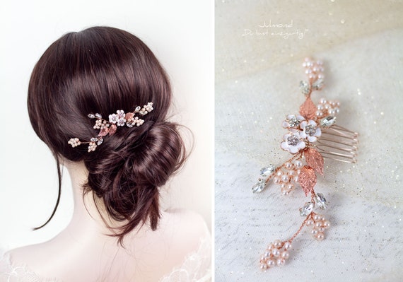 Romantic Hair Jewelry in Rose Gold. Wedding Hair Comb  display picture 3