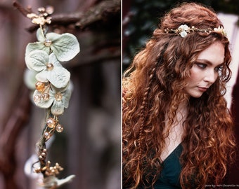 Rustic Fairy Crown | Bridal Hair Jewelry | Boho Bride Rustic Headpieces | Wedding Flower Tiara | Golden Hair Ornament | Bridal Elfen Krone