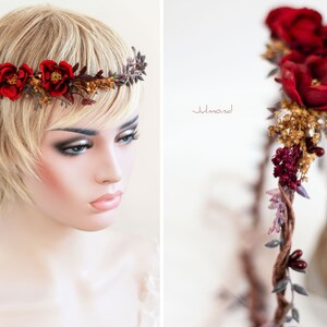 Bandeau rustique avec des roses rouges Couronne de fleurs Accessoires de cheveux de mariée Couronne de cheveux Roses Rouge Fleurs de la couronne elfique Couronne de cheveux de mariage image 3