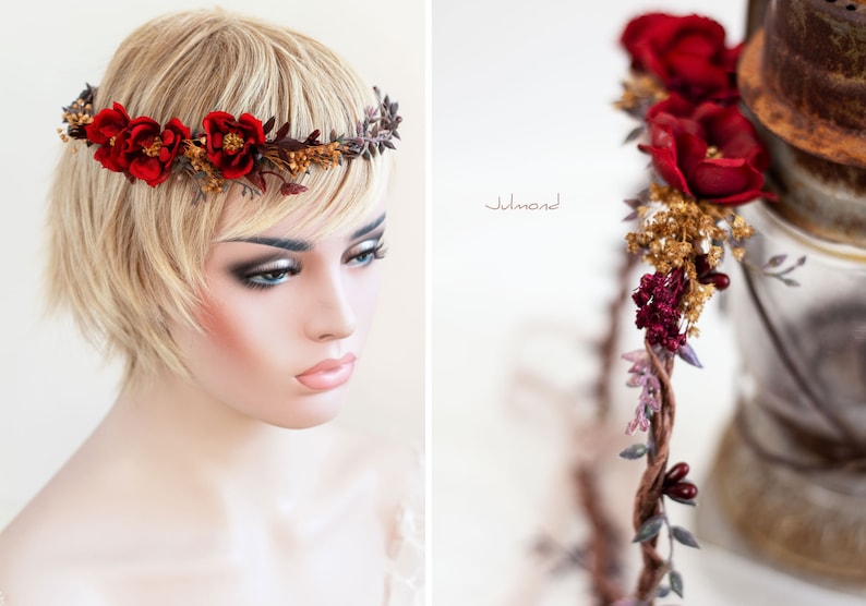 Bandeau rustique avec des roses rouges Couronne de fleurs Accessoires de cheveux de mariée Couronne de cheveux Roses Rouge Fleurs de la couronne elfique Couronne de cheveux de mariage image 3