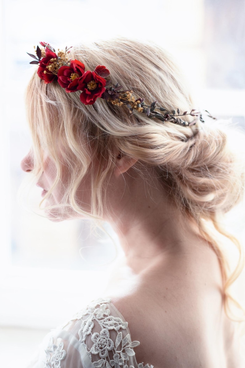 Rustic Hair Accessory with Red Roses – Wedding Flower Crown, Bridal Hairpiece, Red Rose Hair Wreath, Bridal Flower Accessory, Hair Crown image 4