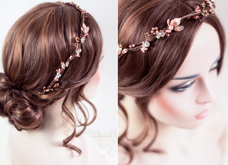 rustic fairy crown in rose gold Haarschmuck Braut Hochzeit Boho Haarschmuck Diadem bridal elfen hair crown wedding pearl headpieces Bild 9