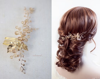 Bridal hair accessories in gold with pearls, headpiece, hair comb for wedding