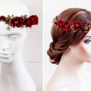 Bandeau rustique avec des roses rouges Couronne de fleurs Accessoires de cheveux de mariée Couronne de cheveux Roses Rouge Fleurs de la couronne elfique Couronne de cheveux de mariage image 5