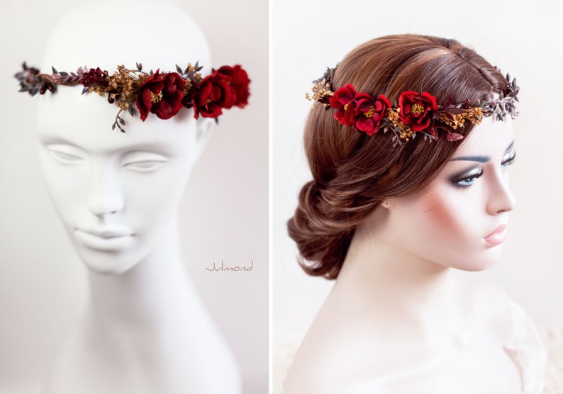 Bandeau rustique avec des roses rouges Couronne de fleurs Accessoires de cheveux de mariée Couronne de cheveux Roses Rouge Fleurs de la couronne elfique Couronne de cheveux de mariage image 5