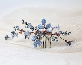 Braut Haarkamm in blau mit Perlen und Blüten | Hochzeit Haarschmuck in blau | bridal blue hair comb | wedding hair jewelry | bride comb