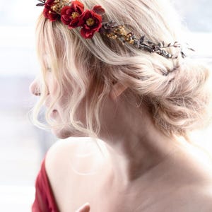Rustic Hair Accessory with Red Roses – Wedding Flower Crown, Bridal Hairpiece, Red Rose Hair Wreath, Bridal Flower Accessory, Hair Crown image 1