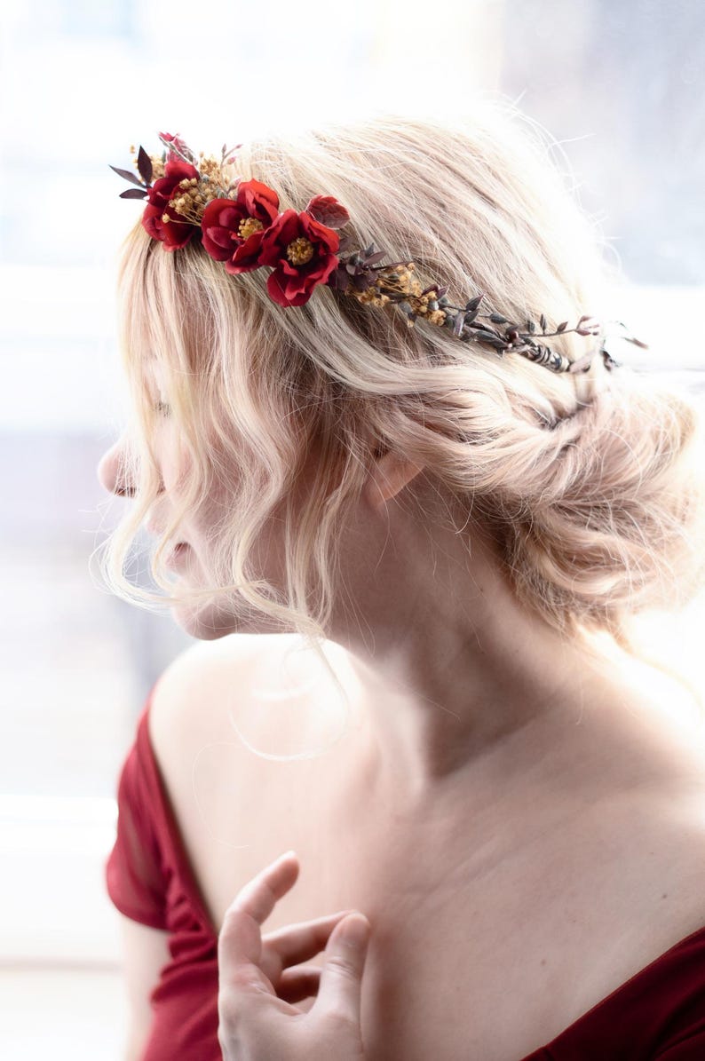 Rustic Hair Accessory with Red Roses – Wedding Flower Crown, Bridal Hairpiece, Red Rose Hair Wreath, Bridal Flower Accessory, Hair Crown image 1