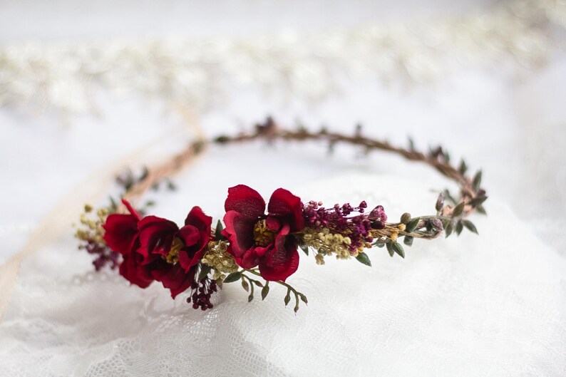 Rustic Hair Accessory with Red Roses – Wedding Flower Crown, Bridal Hairpiece, Red Rose Hair Wreath, Bridal Flower Accessory, Hair Crown image 5