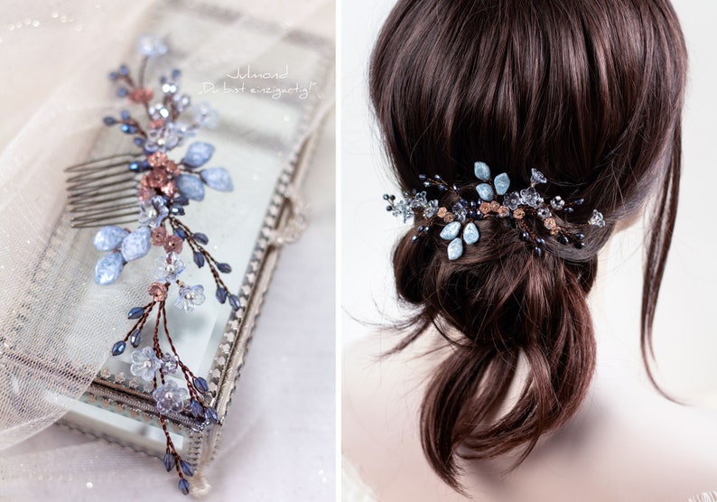 Peigne à cheveux de mariée en bleu avec perles et fleurs Accessoires pour cheveux de mariage en bleu peigne à cheveux bleu nuptial bijoux de cheveux de mariage peigne de mariée image 4