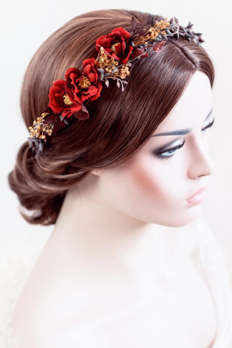Rustic Hair Accessory with Red Roses – Wedding Flower Crown, Bridal Hairpiece, Red Rose Hair Wreath, Bridal Flower Accessory, Hair Crown image 12