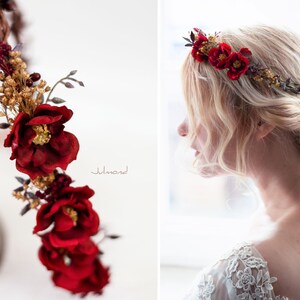 Bandeau rustique avec des roses rouges Couronne de fleurs Accessoires de cheveux de mariée Couronne de cheveux Roses Rouge Fleurs de la couronne elfique Couronne de cheveux de mariage image 4