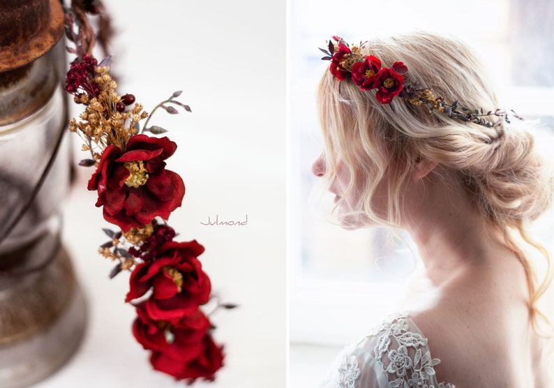 Bandeau rustique avec des roses rouges Couronne de fleurs Accessoires de cheveux de mariée Couronne de cheveux Roses Rouge Fleurs de la couronne elfique Couronne de cheveux de mariage image 4