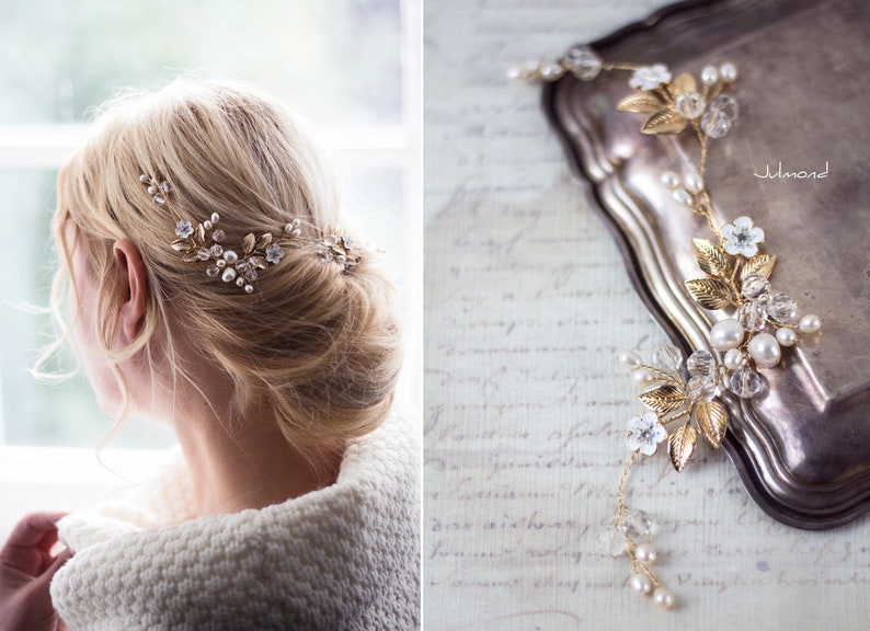 Braut Haarschmuck . bridal hair jewelry gold . tiara pearl wedding . Diadem . Kopfschmuck Boho Braut . gold hair crown . fascinate headpiece zdjęcie 2