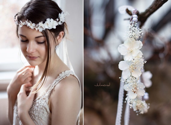 Blumenkranz mit Kirschblüten & Perlen, Braut Haarschmuck, Trockenblumen Haarschmuck, Hochzeit Haar Accessoires, Cherry Blossom Hair Piece