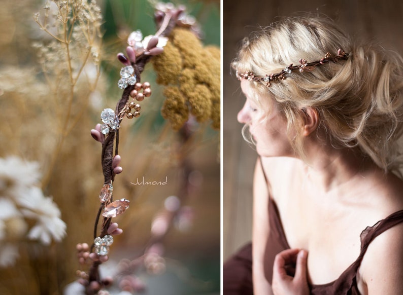 rustic fairy crown in rose gold Haarschmuck Braut Hochzeit Boho Haarschmuck Diadem bridal elfen hair crown wedding pearl headpieces Bild 1