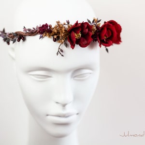 Bandeau rustique avec des roses rouges Couronne de fleurs Accessoires de cheveux de mariée Couronne de cheveux Roses Rouge Fleurs de la couronne elfique Couronne de cheveux de mariage image 2