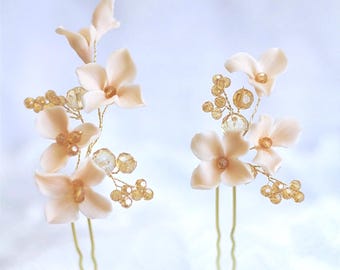 Bridal Hair Pins, Clay Flowers, Wedding Hair Accessories, Floral Hair Piece, Flower Hair Pins, Wedding Hair Updo, Blush Hair Flowers