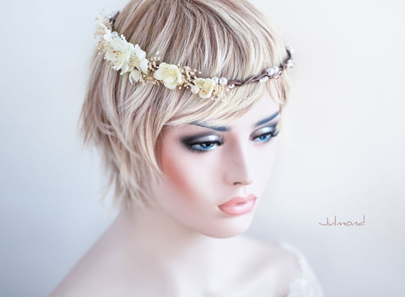 Haar Accessoire , Braut Haarkranz mit Blumen und Perlen , Blumenkranz Haare , Haarschmuck Braut , bridal fairy hair crown , white headpieces Bild 3