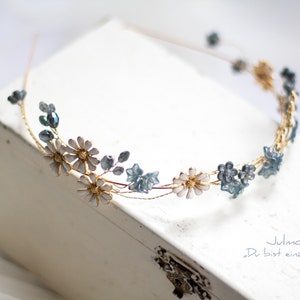 blue goddess crown | bridal blue headpiece | golden fairy crown | elven hair jewelry | wedding flower crown | bride tiara hair accessories