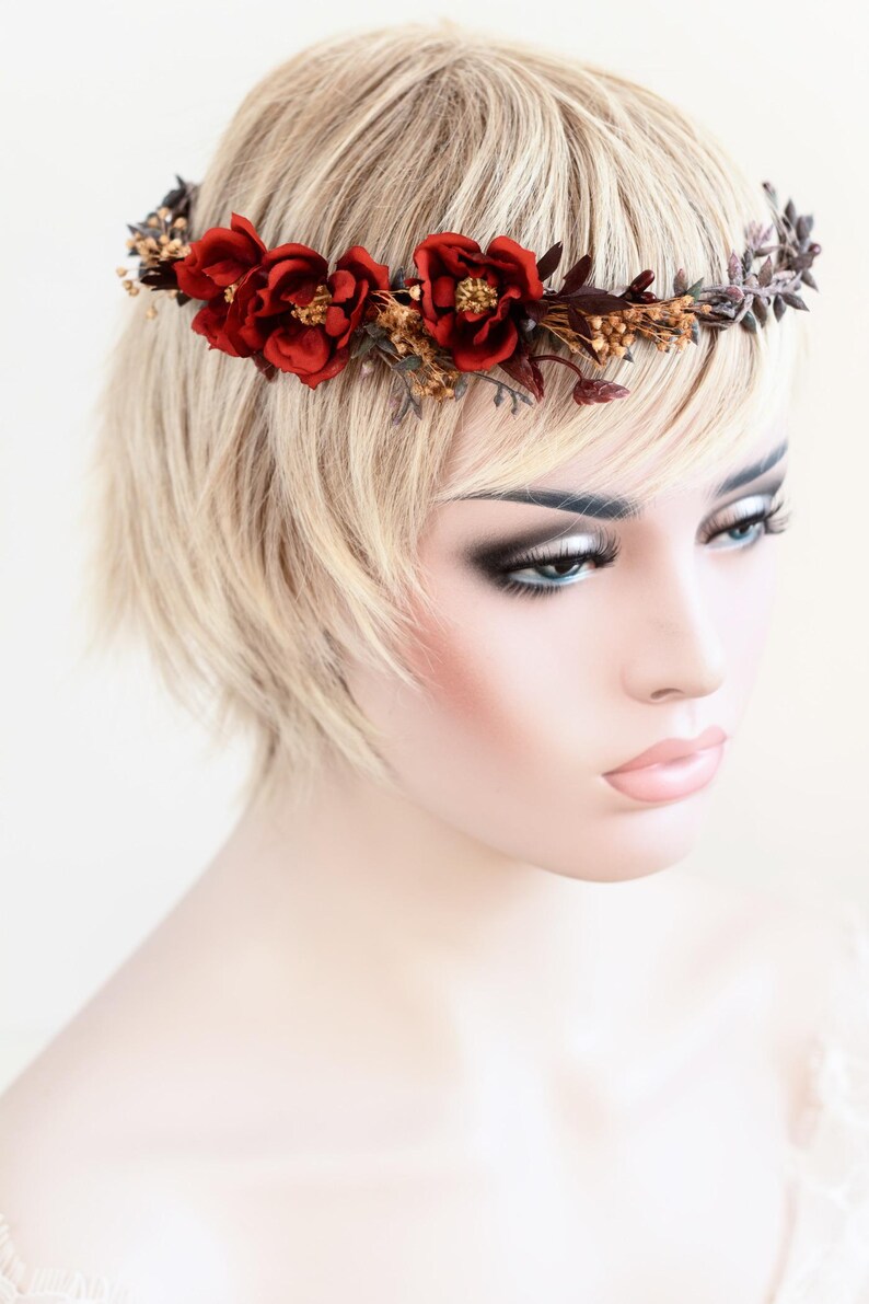 Rustic Hair Accessory with Red Roses – Wedding Flower Crown, Bridal Hairpiece, Red Rose Hair Wreath, Bridal Flower Accessory, Hair Crown image 10