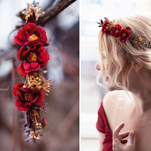 Bandeau rustique avec des roses rouges Couronne de fleurs Accessoires de cheveux de mariée Couronne de cheveux Roses Rouge Fleurs de la couronne elfique Couronne de cheveux de mariage image 1