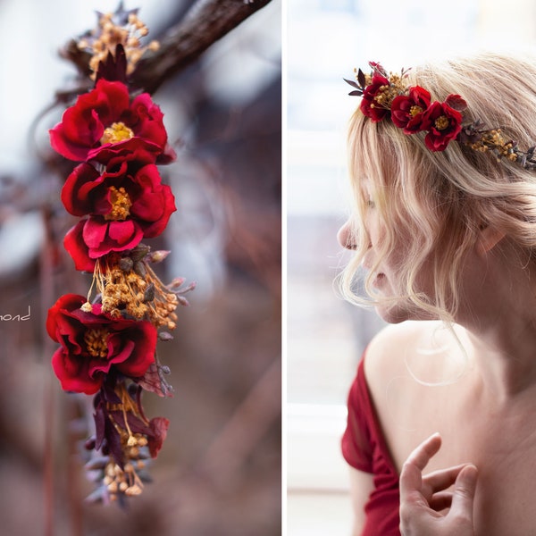 Rustikales Haarband mit roten Rosen | Blumenkranz Haare | Braut Haarschmuck Haarkranz Rosen Rot | Elfenkrone Blumen | Hochzeit Haarkranz