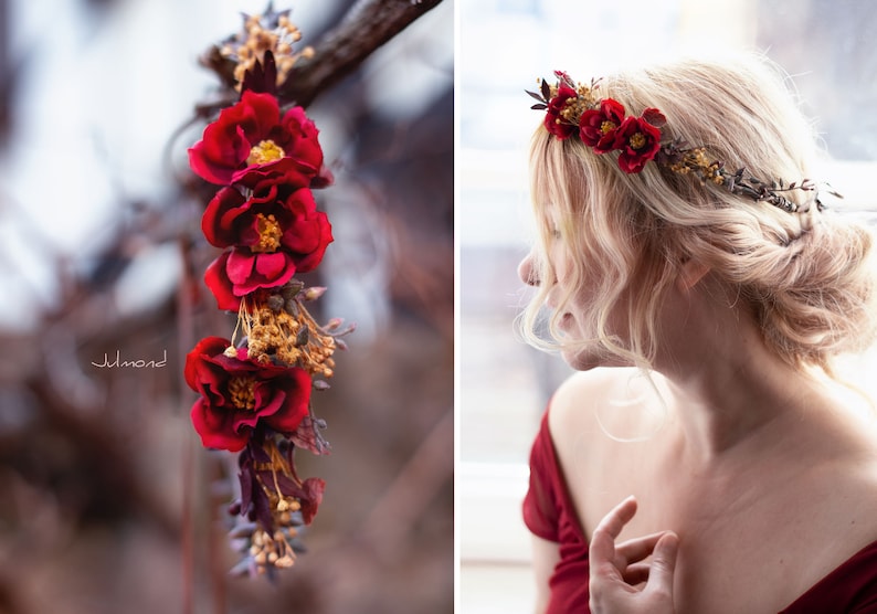 Bandeau rustique avec des roses rouges Couronne de fleurs Accessoires de cheveux de mariée Couronne de cheveux Roses Rouge Fleurs de la couronne elfique Couronne de cheveux de mariage image 1