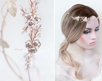 bride hair jewelry in rose gold . romantic hair ornaments . wedding pears hair band . bridal tiara rosegold fairy crown rosegold headpieces