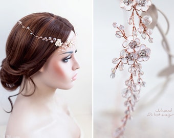 bijoux de cheveux de mariée en or rose | ornements de cheveux romantiques | bande de cheveux de perles de mariage | diadème de mariée or rose | couronne de fées | coiffes bohèmes